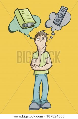 Vector illustration of a man choosing between reading a book or watching television