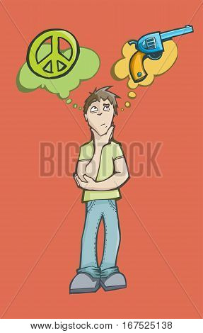 Vector illustration of a man deciding between peace or war