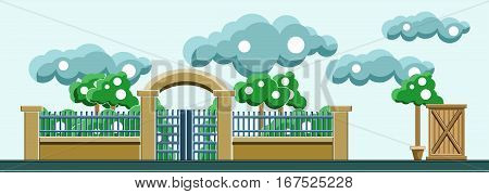 A fence of a park with trees and clouds in the sky. Vector flat illustration.