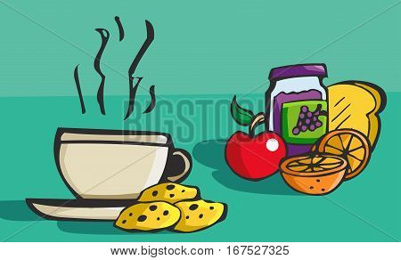 Colorful hand drawn cartoon style breakfast food