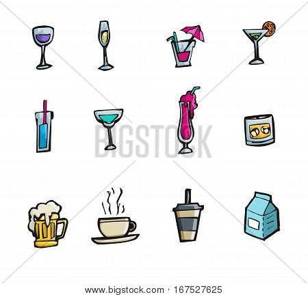 Colorful hand drawn cartoon style alcohol drinks and cocktails icon set
