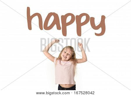English language learning vocabulary school card of young beautiful happy female child gesturing excited and smiling cheerful rising arms isolated on white background in school girl success