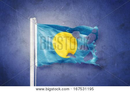 Torn flag of Palau flying against grunge background.