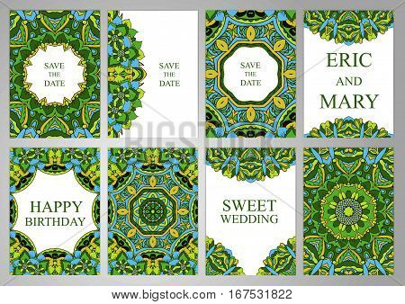 Wedding Set postcards backgrounds invitations in oriental style. East ornament Ramadan India Islam. Cover Magazine Oriental elements. Holidays weddings birthdays. Design background
