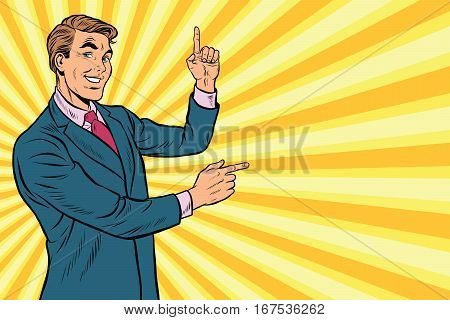 Businessman points up and sideways to copy space background, pop art retro vector. Beautiful promo man