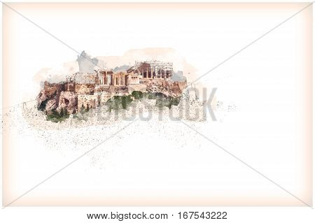 Parthenon and Herodium construction in Acropolis Hill in Athens, Greece. Modern Painting. Brushed artwork based on photo. Background texture.