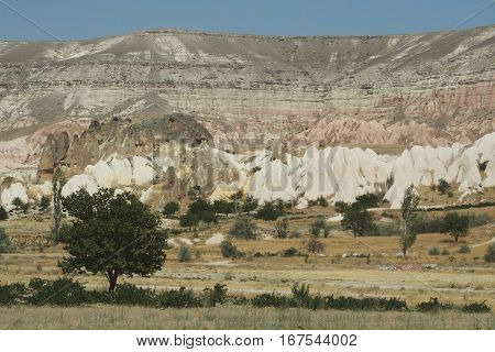 Large colourful rocks and mountains in capadoccia Turkey.