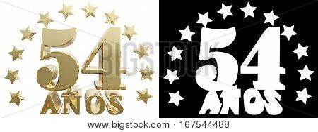 Golden digit fifty four and the word of the year decorated with stars. Translated from the Spanish. 3D illustration
