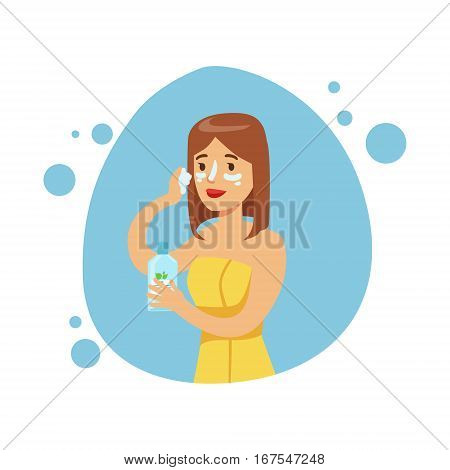 Woman Applying Moisturizing Cream On Face, Part Of People In The Bathroom Doing Their Routine Hygiene Procedures Series. Person Using Lavatory Room For The Daily Washing And Personal Cleanup Vector Illustration.