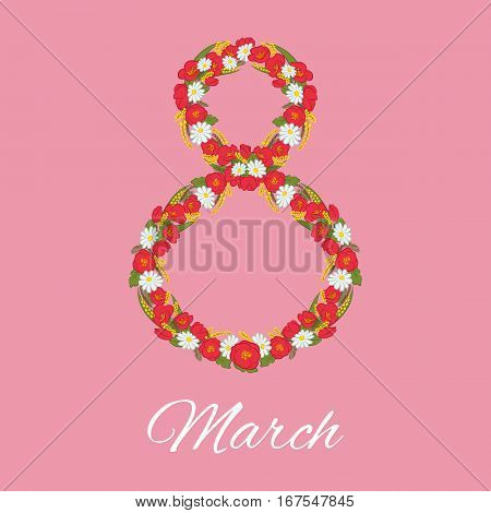 8 March International Women s Day greeting card. Mimosa flowers, tulip, chamomile infused in the form of a figure eight. Vector illustration. Usable for design of card, invitation, poster.