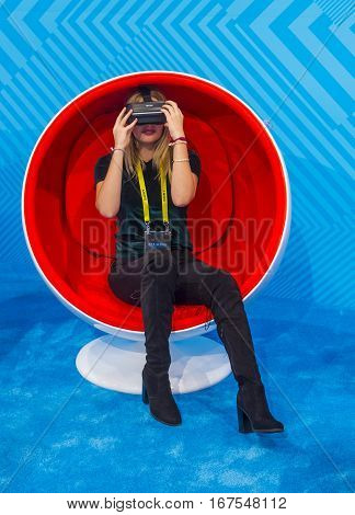 LAS VEGAS - JAN 08 : Virtual reality demonstration at The Vivitar booth at the CES show in Las Vegas on January 08 2017 CES is the world's leading consumer-electronics show.