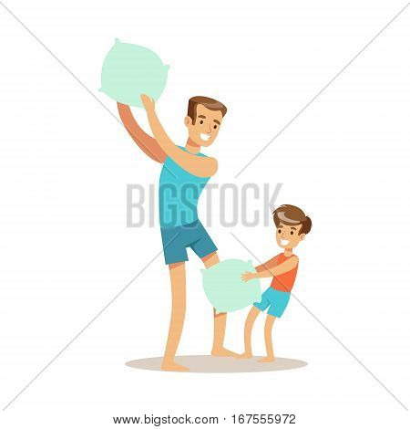 Dad Pillow Fighting With Son, Loving Father Enjoying Good Quality Daddy Time With Happy Kid. Child And Parent Having Fun Together Vector Cartoon Illustration.