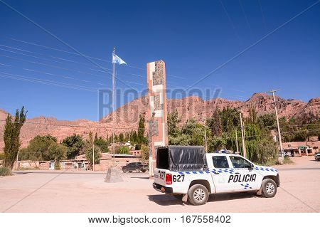 Tilcara Argentina - November 2 2016: Car Police at entrance of village of Tilcara in a sunny day