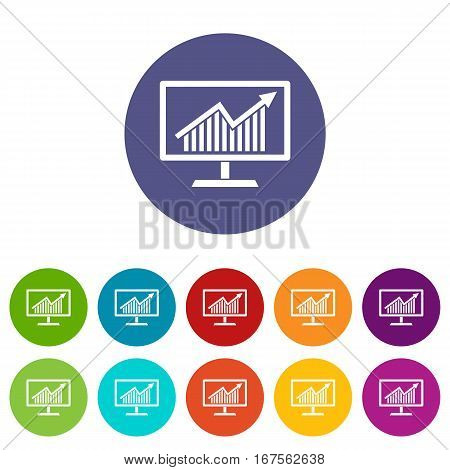 Statistics on monitor set icons in different colors isolated on white background