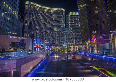 LAS VEGAS - NOV 08 : The Aria Resort and Casino in Las Vegas on N OVEMBER 08 2016. The Aria is a luxury resort and casino opened on 2009 and is the world's largest hotel to receive LEED Gold certification