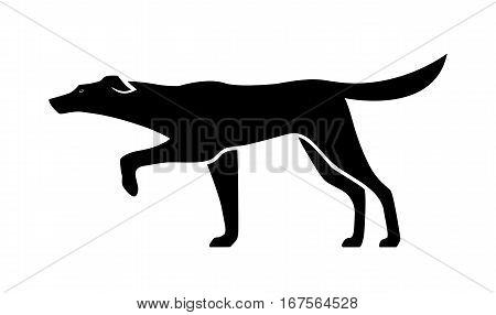 Black silhouette of a dog with a raised paw. Vector isolated on white background.