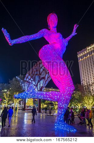 LAS VEGAS -NOV 24 : The Bliss Dance Sculpture display at the T-Mobile park in Las Vegas on November 24 2016. The 40-foot-tall sculpture of a dancing woman created by artist Marco Cochrane.