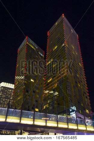 LAS VEGAS - NOV 24 : The tilted Veer Towers in Las Vegas on November 24 2016. Veer Towers are twin 37-story 480-foot residential towers located within CityCenter on the Las Vegas Strip