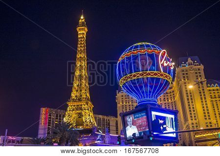 LAS VEGAS - NOV 24 : The Paris Las Vegas hotel and casino on November 24 2016 in Las Vegas Nevada USA. It includes a half scale 541-foot (165 m) tall replica of the Eiffel Tower.