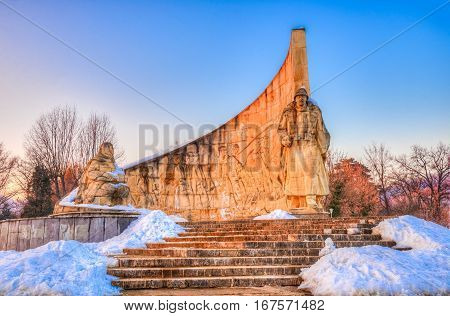 Beautiful stone architecture of the famous Romanian Soldier monument, heroic scene of Baia Mare, Romania
