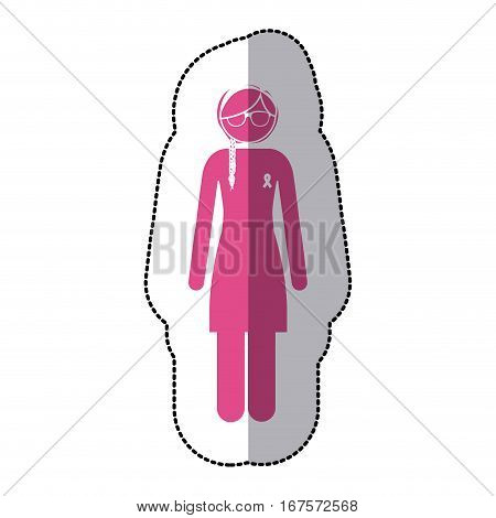 sticker silhouette pink woman braided hair with ribbon of breast cancer vector illustration