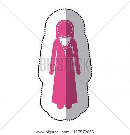 sticker silhouette pink nun with ribbon of breast cancer . Vector illustration