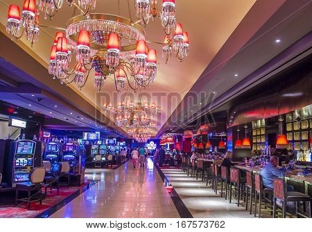 LAS VEGAS - OCT 05 : The Cromwell Hotel casino interior in Las Vegas on October 05 2016 The hotel reopened in 2014 and it has 188 rooms and a casino with 40000 square feet of gaming space.