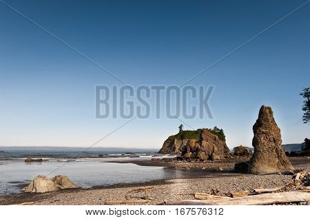 rock and quiet beach at Pacific Ocean in Ruby Beach of Olympic National Park Washington State USA