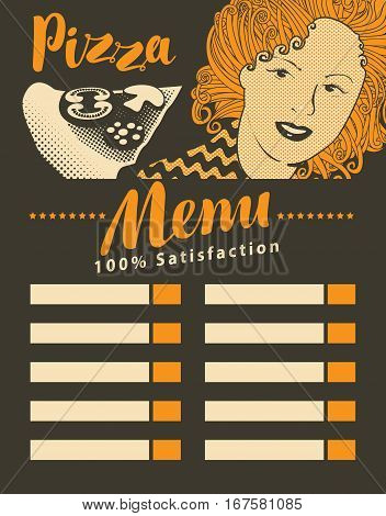 menu for pizzeria with girl with pizza in retro style