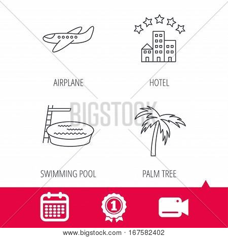 Achievement and video cam signs. Swimming pool, airplane and palm tree icons. Hotel linear sign. Calendar icon. Vector