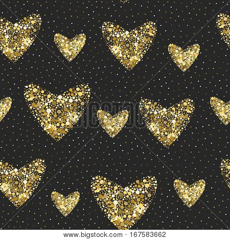 Seamless hearts pattern. Vector holiday Valentine in gold colors on black backgrounds.