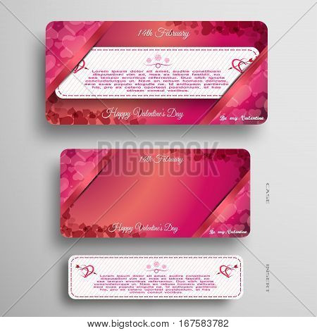 Vector set of white and pink greeting card for Valentine's Day insert in pink and red case with pockets at the corners on the gray background.