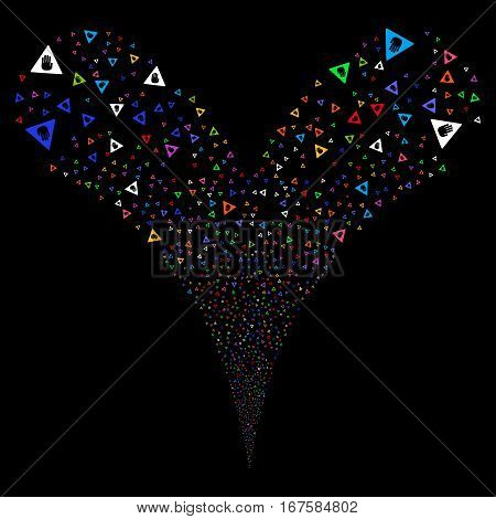 Caution fireworks stream. Vector illustration style is flat bright multicolored iconic symbols on a black background. Object double fountain constructed from random design elements.