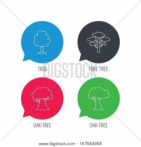 Colored speech bubbles. Pine tree, oak-tree icons. Forest trees linear sign. Flat web buttons with linear icons. Vector
