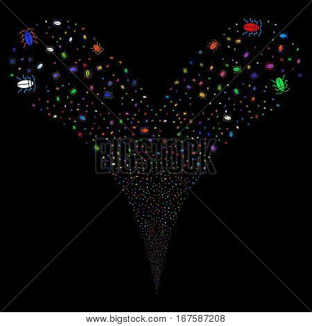Cucaracha fireworks stream. Vector illustration style is flat bright multicolored iconic symbols on a black background. Object double fountain combined from random pictograms.