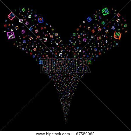 Floppy Disk fireworks stream. Vector illustration style is flat bright multicolored iconic symbols on a black background. Object double fountain combined from random icons.