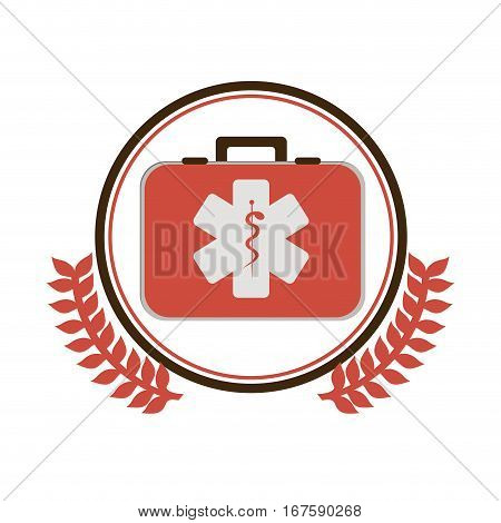 circular border with ornament leaves with first aid kit with health symbol with serpent entwine vector illustration