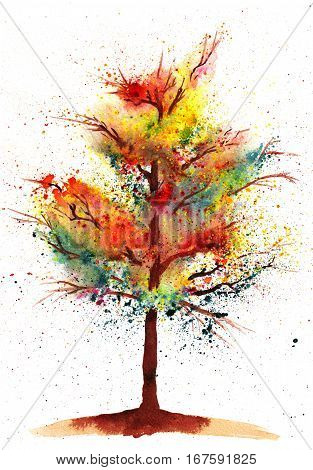 Colorful watercolor painting of autumn tree. Spray and leaf fall