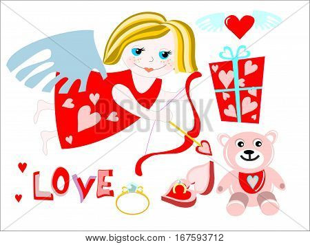 angel girl with valentine present, bear, rings