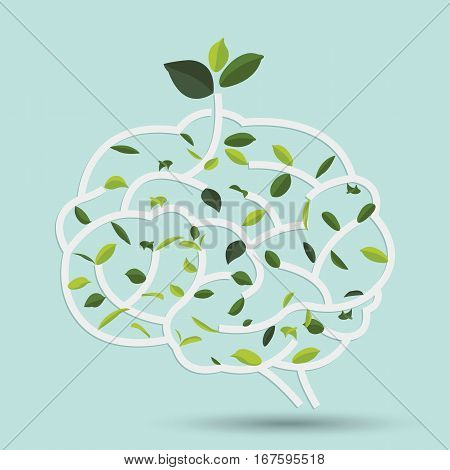 Brain with Green leaf. Gray outline vector illustration. Human brain. Medical flat illustration. Health care. Tree branches like the brain. Branches with leaves.