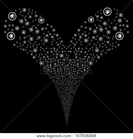 Cannabis fireworks stream. Vector illustration style is flat white iconic symbols on a black background. Object double fountain combined from random pictographs.