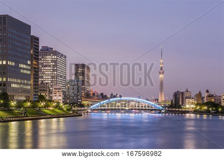 Tokyo Sumida River View With Tokyo Skytree In Evening. The Sumida River Is A River That Flows Throug