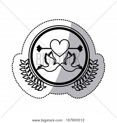 monochrome sticker of pigeons attached by the beak and big heart crossed by arrow in circle with olive branches vector illustration