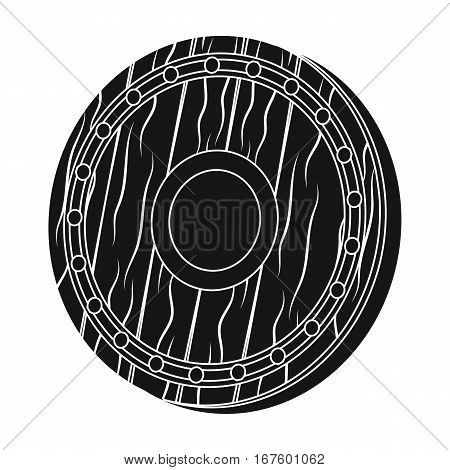Viking shield icon in black design isolated on white background. Vikings symbol stock vector illustration. - stock vector