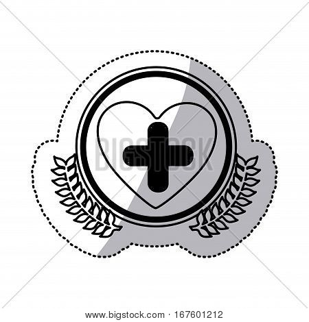 monochrome sticker with circle with olive branches and symbol cross in heart vector illustration