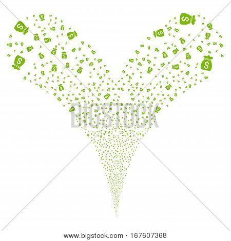 Money Bag fireworks stream. Vector illustration style is flat eco green iconic symbols on a white background. Object double fountain constructed from random pictographs.