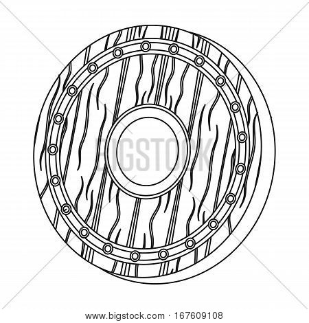 Viking shield icon in outline design isolated on white background. Vikings symbol stock vector illustration. - stock vector