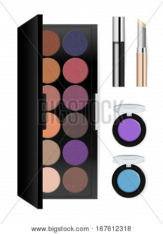Realistic makeup cosmetics set isolated on white background vector illustration. Lipstick, facepowder, mascara, eye shadow, foundation. Decorative facial cosmetics products, beauty fashion makeup. Cosmetics product concept design