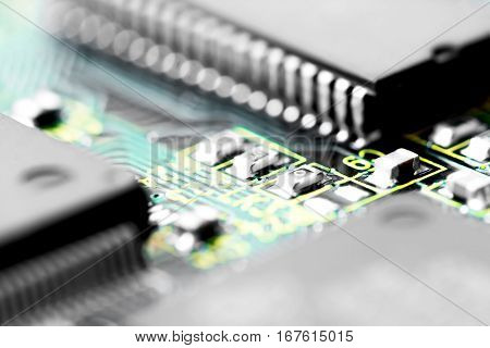 Electronic circuit board. CPU and memory chips