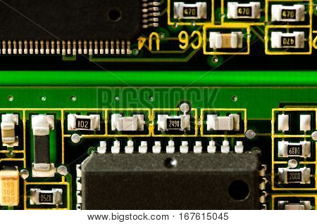 Electronic circuit board. CPU and memory chips